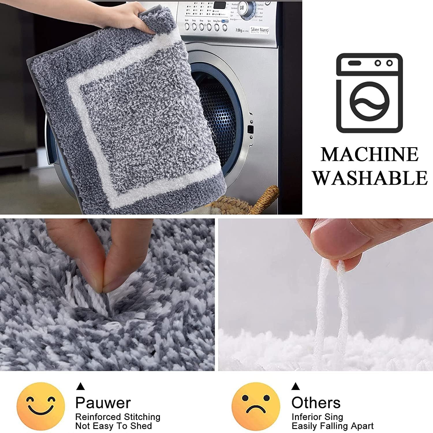 Findosom 3pcs Bathroom Rugs Set with U-Shaped Mat, Non Slip, Quick Drying, Ultra Soft and Water Absorbent Bath Rug Mat Carpet Machine Washable 18"x26"+18"x48"+U Shape 20"x24" Dark Gray