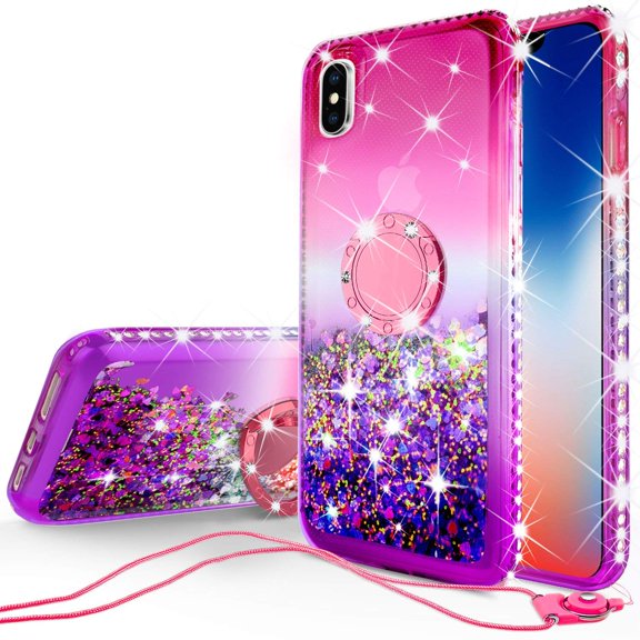 SOGA Rhinestone Liquid Float Quicksand Cover Cute Phone Case Compatible for Apple iPhone XR 6.1 inch Case with Embedded Metal Diamond Ring for Magnetic Car Mounts and Lanyard - Purple on Pink