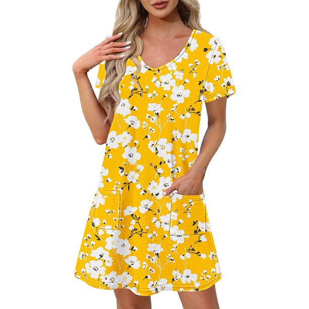 Vestido Corto de Verano Moda Gradiente Corto de Manga en V Cuello Vestido Casual, Poliéster Ligero de Verano, Lavado de Manos