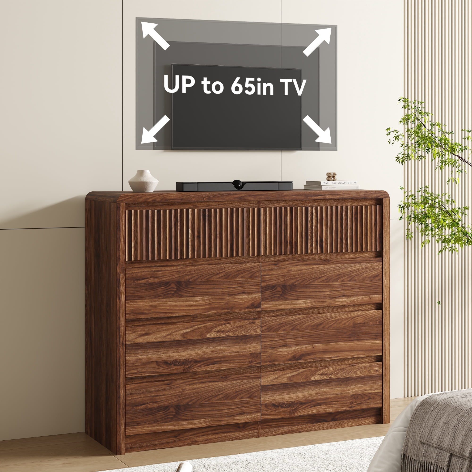 ASTUVIA 8 Drawers Dresser for Bedroom, 49.2" W Modern Chest of Drawers with Curved Profile Design, Mid Century Fluted Storage Dressers Organizer,Brown