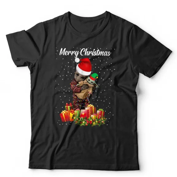 Christmas Baby Groot Baby Yoda Cute Sci Fi Festive Holiday Humor Unisex T-Shirt, up to size 5XL