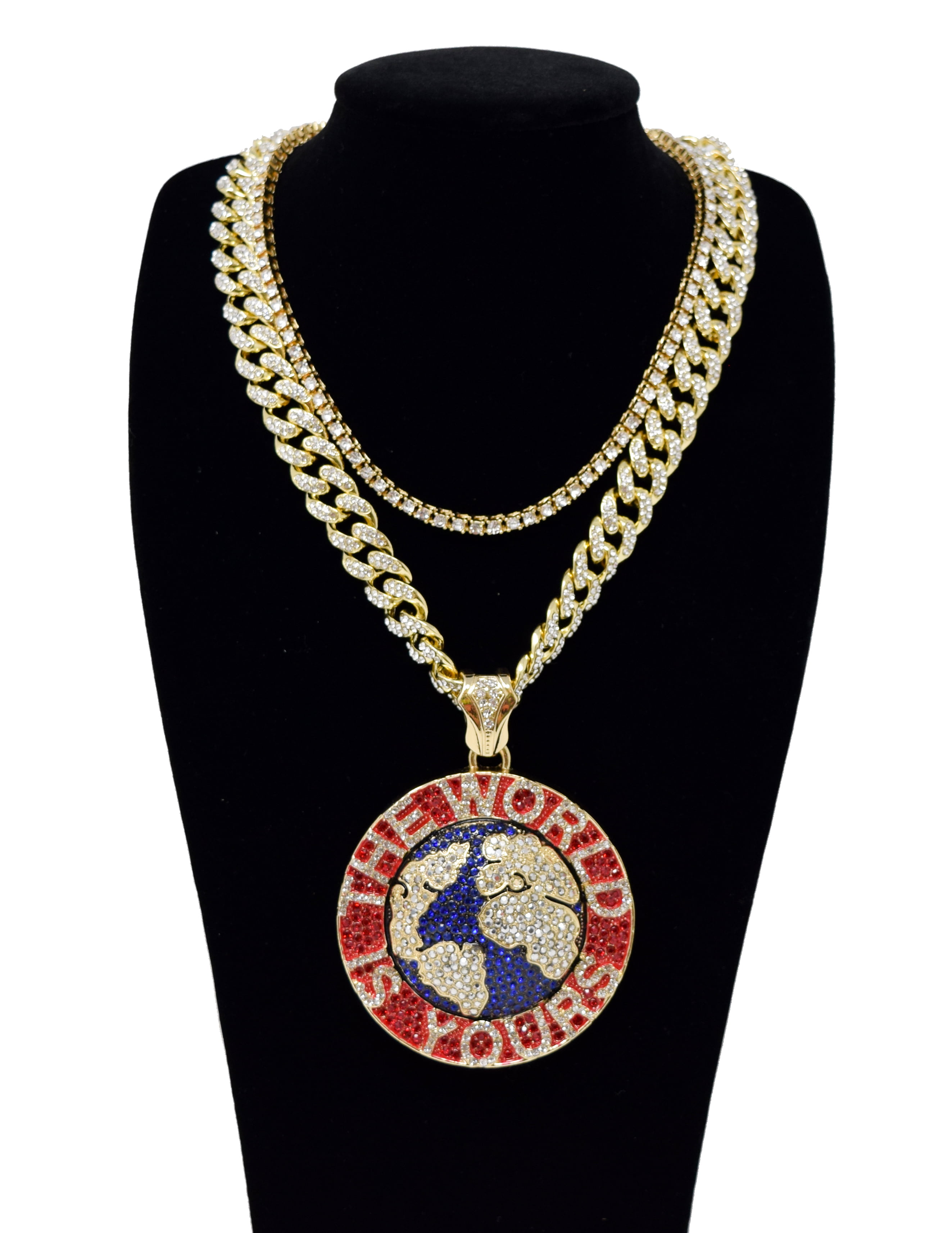 NEW ICED OUT THE WORLD IS YOURS PENDANT & 30" BOX CUBAN CHAIN HIP HOP NECKLACE