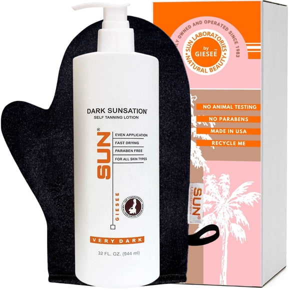 Sun Laboratories By Giesee Loción autobronceadora Dark Sunsation con guante bronceador - Loción autobronceadora sin sol muy oscura Loción autobronceadora solar orgánica instantánea Manopla bronceadora