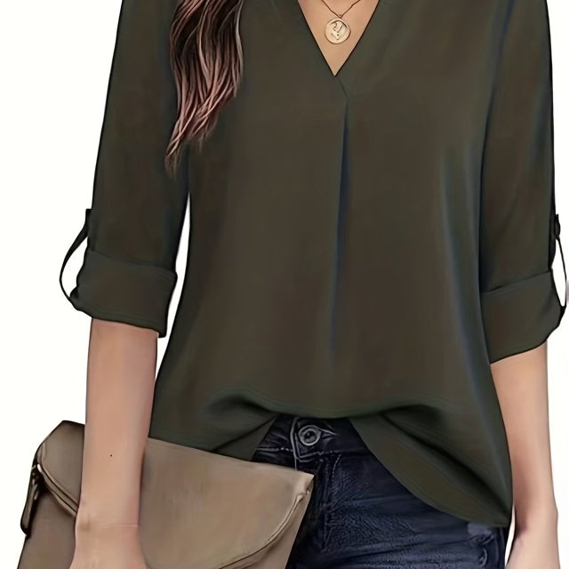 Blusa simple sólida, blusa casual de manga larga con cuello en V, ropa de mujer