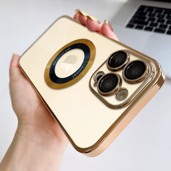Magnetic Clear Case for iPhone 13 Pro Max Case [Compatible with Magsafe] with Full Camera Protection Hard Back Shockproof Protective Plating Design Phone Case for Women Girls 6.7 in - Golden