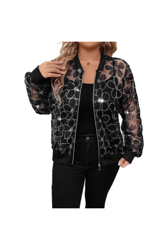 Women Zip Up Jacket Lightweight Polyester Loose Fit Casual Outerwear Long Sleeve Stand Collar Black Plus Size