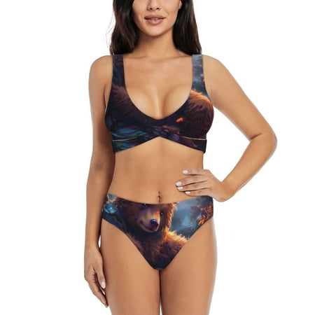 Zeuib Lazy Stone Bear High Waisted Tummy Control Bikini Set - Knot Front Push Up Top & Cheeky Thong Bottom  Two-Piece Swimsuit for Women-X-Large
