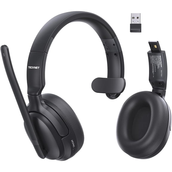 TECKNET Wireless Noise Cancelling Headphones, 5.4 Bluetooth Headphones Over Ear, Mono/Stereo 2-in-1, 65H Playtime, Wireless Headset with Microphone for Home Trucker Office Call Center, Black
