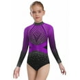 thumbnail image 3 of RUNQHUI Kids Girls Rhinestone Long Sleeve Gymnastics Unitard Figure Skating Bodysuit with Shorts Hairband Set Activewear Purple 14, 3 of 5