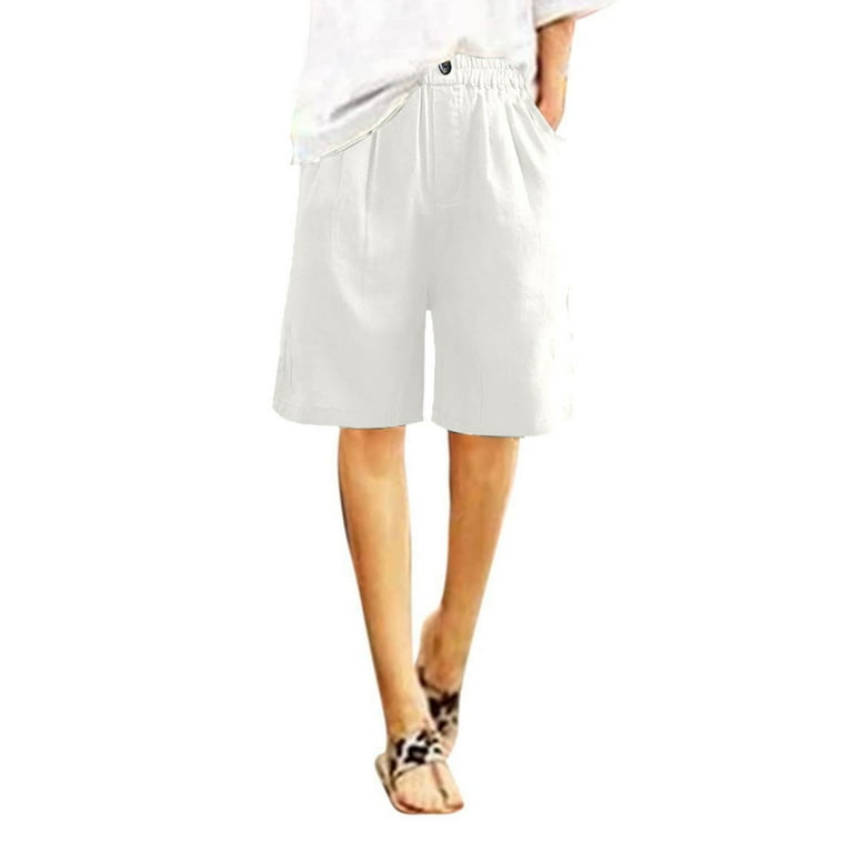 RYDCOT Linen Shorts for Women Beach Elastic Waist Summer Shorts for Women  2024 Vacation Casual Wide Leg Pleated Knee Length Shorts with Pockets on