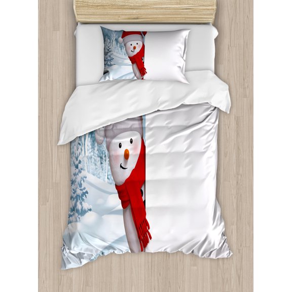 Snowman Duvet Cover Set Twin Size, Funny Peeking Character with Snow Covered Fir Woodland Peaceful Backdrop, Decorative 2 Piece Bedding Set with 1 Pillow Sham, Red Bluegrey White, by Ambesonne
