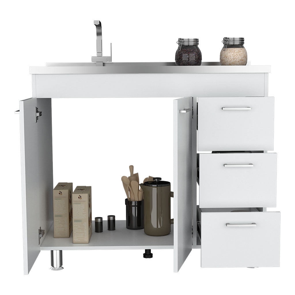 Izzovium Utility Sink Kisco Kitchen Cabinet with Two-Door & Three Drawers, 20.67"L x 39.37"W x 35.43"H, White Particle Board, Easy Assembly, Faucet Hole Included