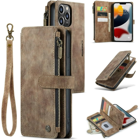 Wallet Case for iPhone 14 Pro 6.1 inch, Premium Handmade PU Leather Phone Case Card Slots Magnetic Closure Zipper Pocket Kickstand Flip Case with Hand Strap - Vintage Brown