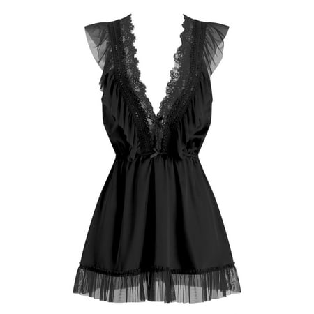 Womens Set Ladies Fashion Erotic Pajamas Fishnets Lace Hollow Sexy Deep V Bow Backless Nightdress Sexy Dress Sexy Woman Pajamas Deep V Neck Backless Mini Babydoll