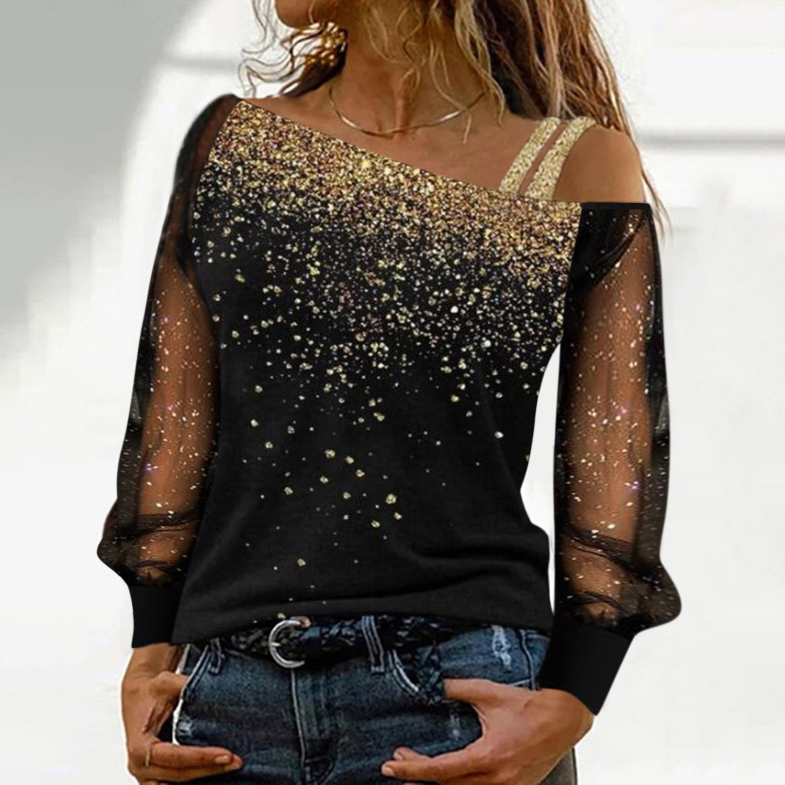Womens Sequin Cold Shoulder Tops Ladies Long Sleeve T-Shirt Blouse Casual Tee 