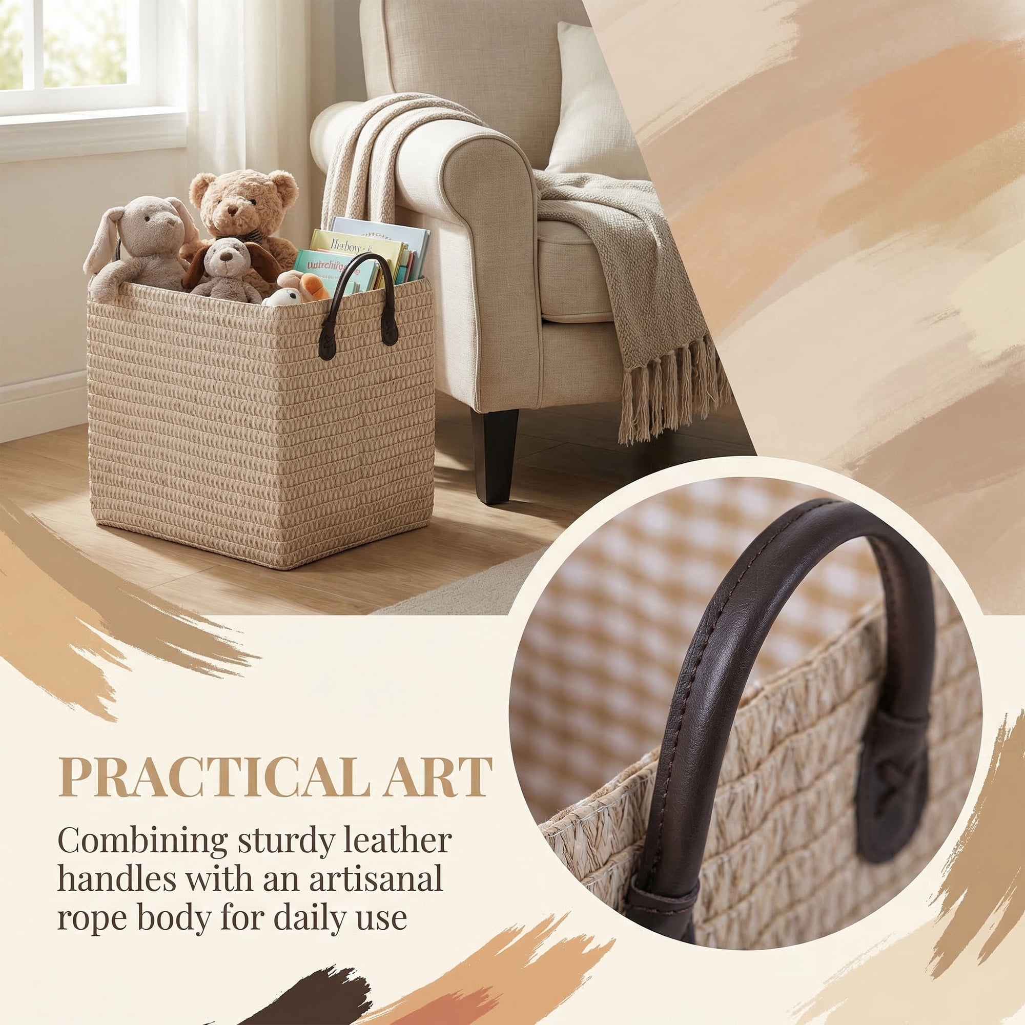 Unique Bargains Compactable Woven Storage Basket Storage Bin Beige 13.8*10.2*11.8in