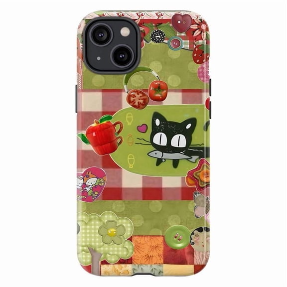 Cute Cat in Tea Cup Phone Case – Whimsical Patchwork & Vintage Style Protective Phone Cover for iPhone 16 15 14 13 12 11 Pro Plus Mini