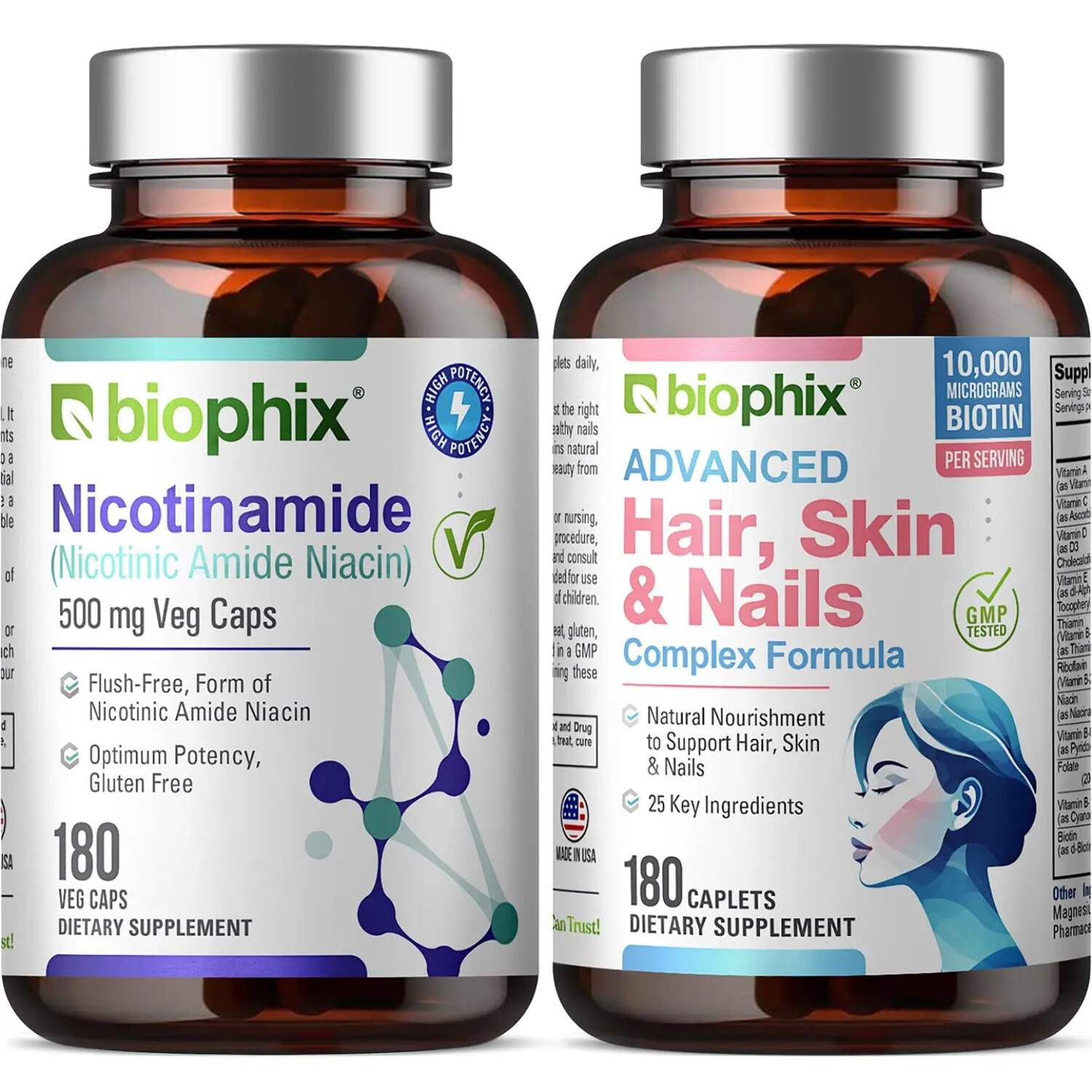 biophix B-3 Nicotinamide 500 mg 180 Vcaps - Hair Skin and Nails 180 Caplets 10000 mcg Biotin - Skin Kit - Nicotinic Amide Niacin Natural Flush-Free Vitamin Formula - Supports Skin Cell Health