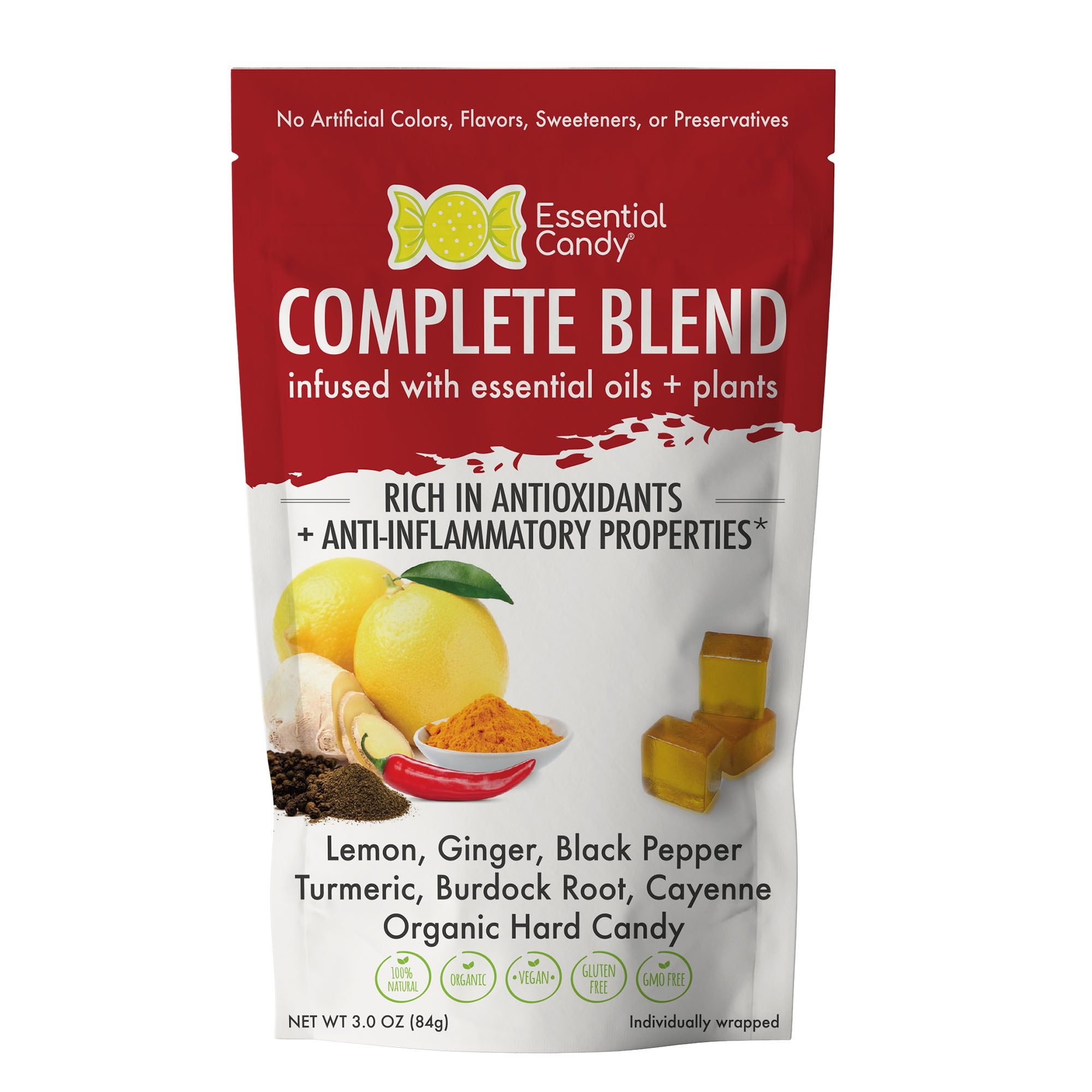 Essential Candy, Complete Blend, Lemon Ginger Black Pepper Turmeric Burdock Root Cayenne Organic Hard Candy, 3oz