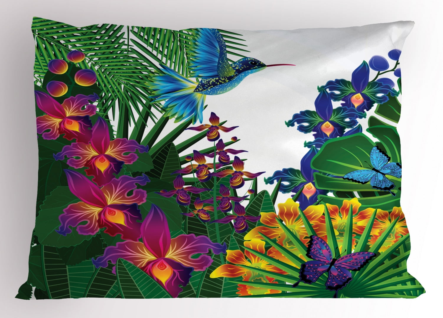 Orchids Pillow Sham, Retro Revival Pattern with Blossoms White Polka Dots on Blue, Decorative Standard King Size Printed Pillowcase, 36 X 20 Inches, Pale Blue Dark Green and White, by Ambesonne