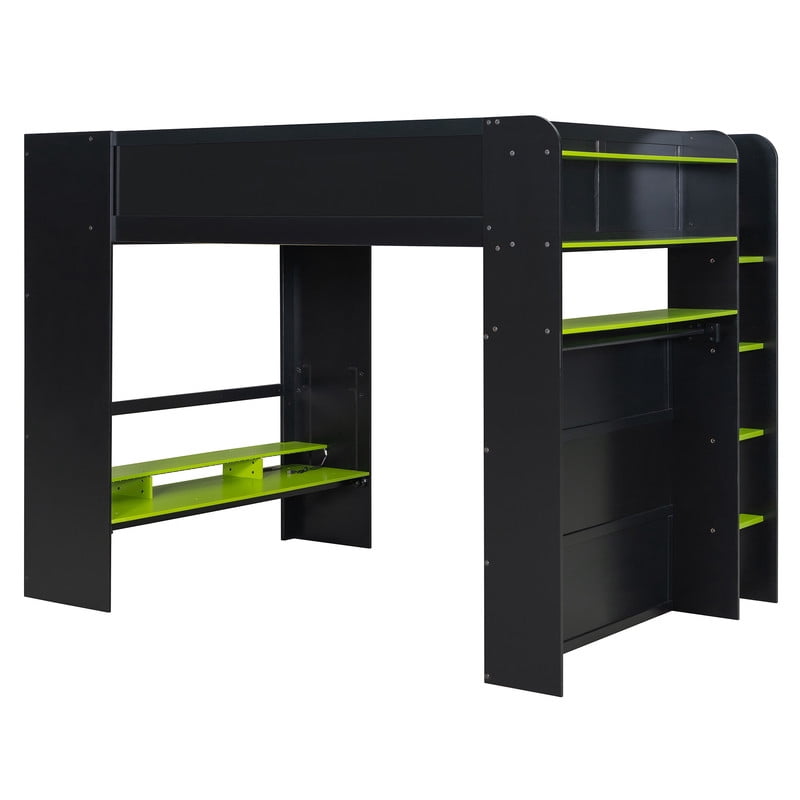 Full Size Wood Loft Bed with Desk, Wardrobe and Storage, Height Adjustable Gaming Loft Bed with USB Charging Port, RGB LED Light Strip, PC Tower Space and Shelves for Bedroom