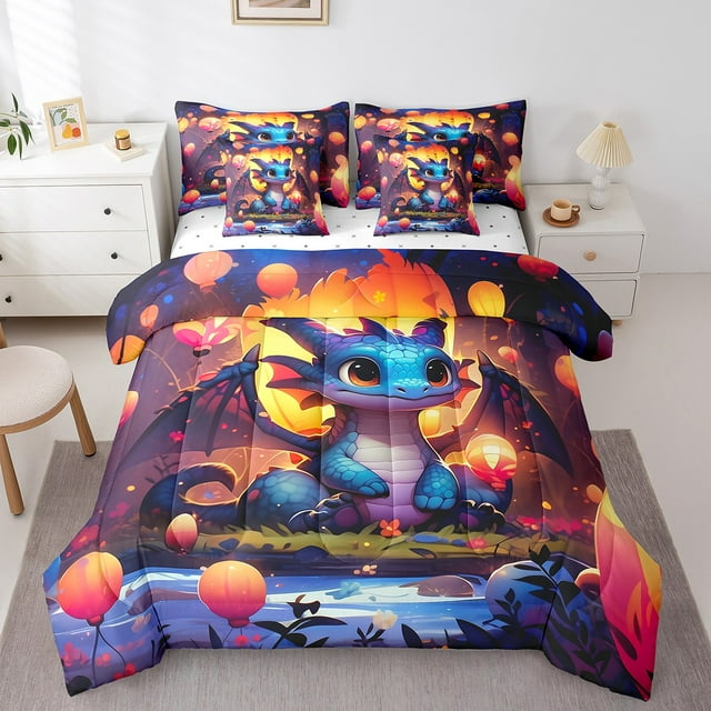 YST Ensemble Douillette 7 Pcs Dessin Animé Dragon, Polyester, Format Grand Lit (1 Unité)