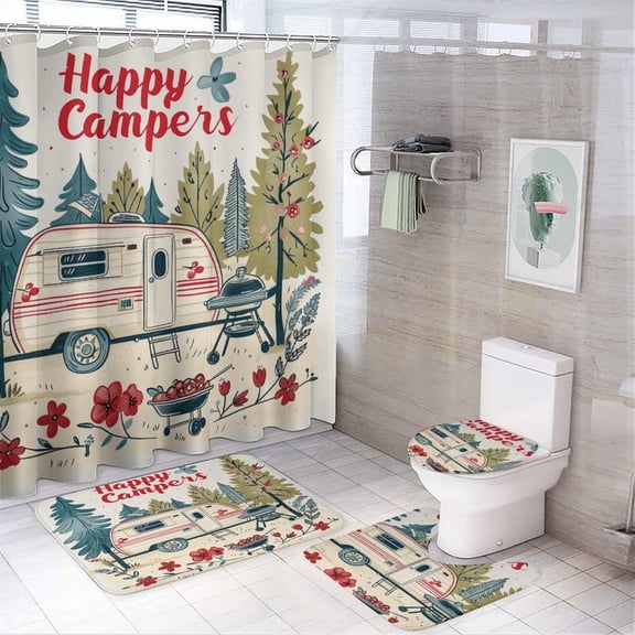 Happy Campers Shower Curtain 4 Piece Set Bathroom Shower Curtain Set with Rugs Travel Trailer Camping Waterproof Fabric Bath Curtain for Bathroom Decor Set