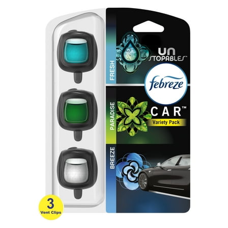 Febreze Car Air Freshener Odor-Fighting Car Vent Clip, Unstopables Variety Pack, 3-Count