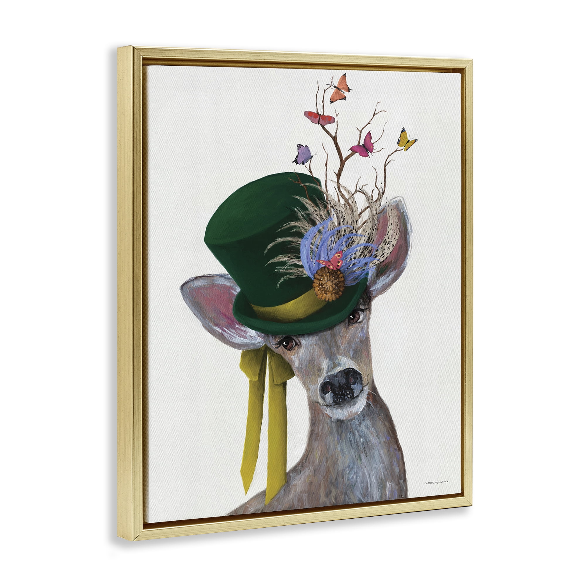 Stupell Industries Deer with Butterfly Hat Animals & Insects Painting Gold Floater Framed Canvas Art Print Wall Art, 25 x 31
