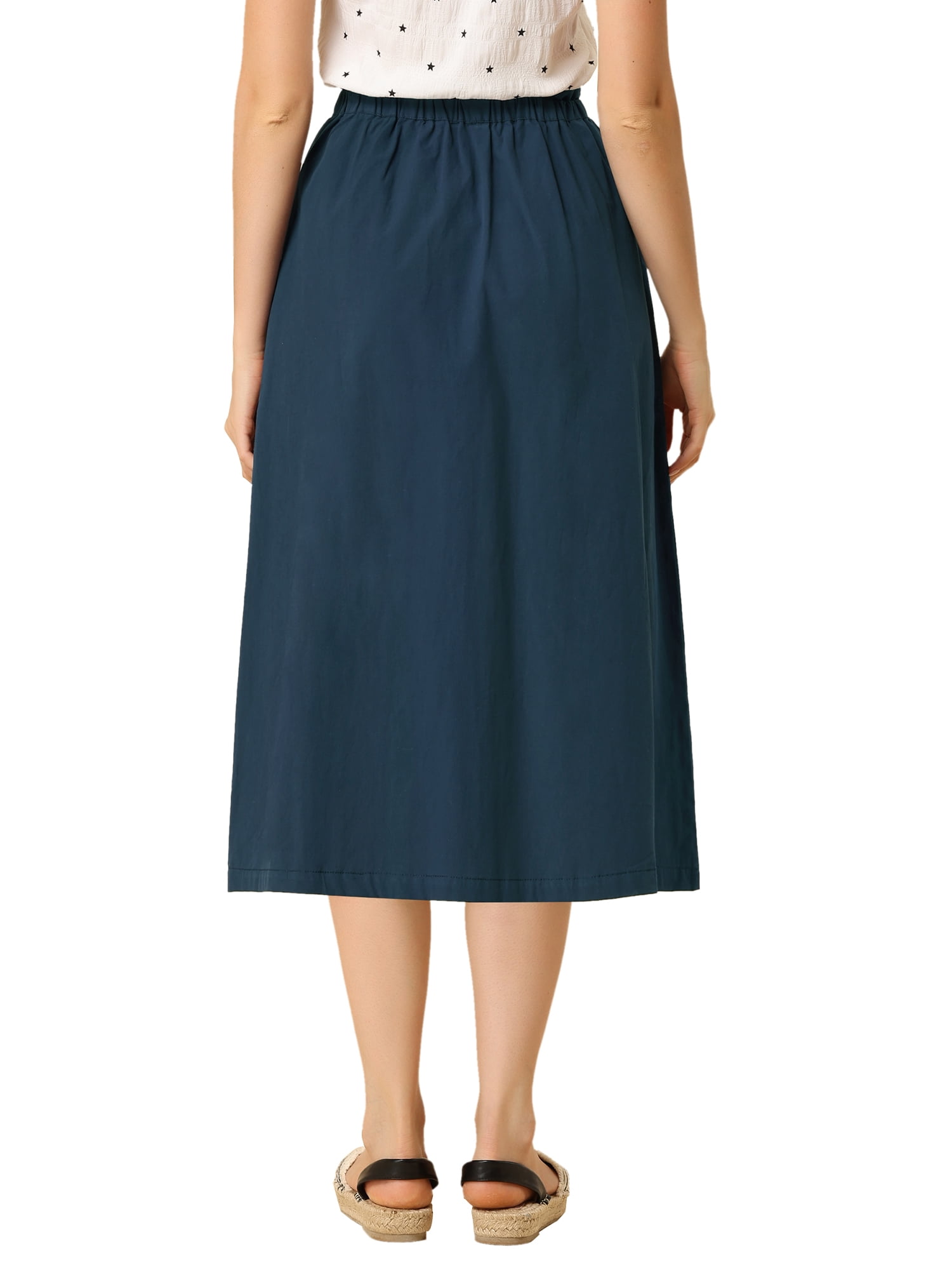 DARING DIVA Women's Cotton A-Line Midi Skirt with Pockets M Dark Blue