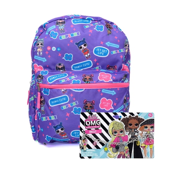 LOL School Backpack w/ Charm Bracelet 2-Piece Set LOL Surprise Purple Pink