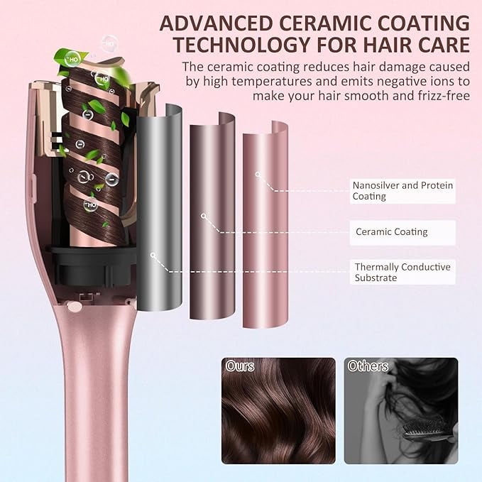 RKXQT Automatic Curling Iron, Hair Curler 1" Large Slot, 4 Temperature Settings, 12s-19s Timers, Dual Voltage, Anti-Scald, Anti-Tangle, Auto Shut-Off, LCD Display, Fast Heating Easy for Use, Pink