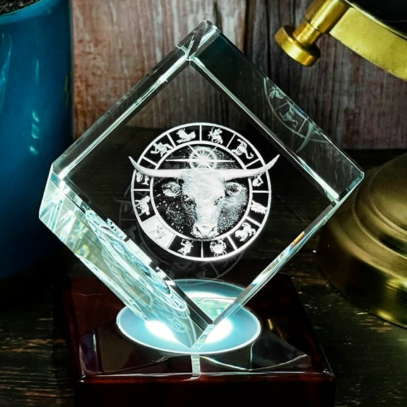 3D Crystal Diamond Taurus, Zodiac Sign Photo Engraved Glass