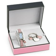 Ladies White Dial with Pink Leather Band Watch and Keychain
