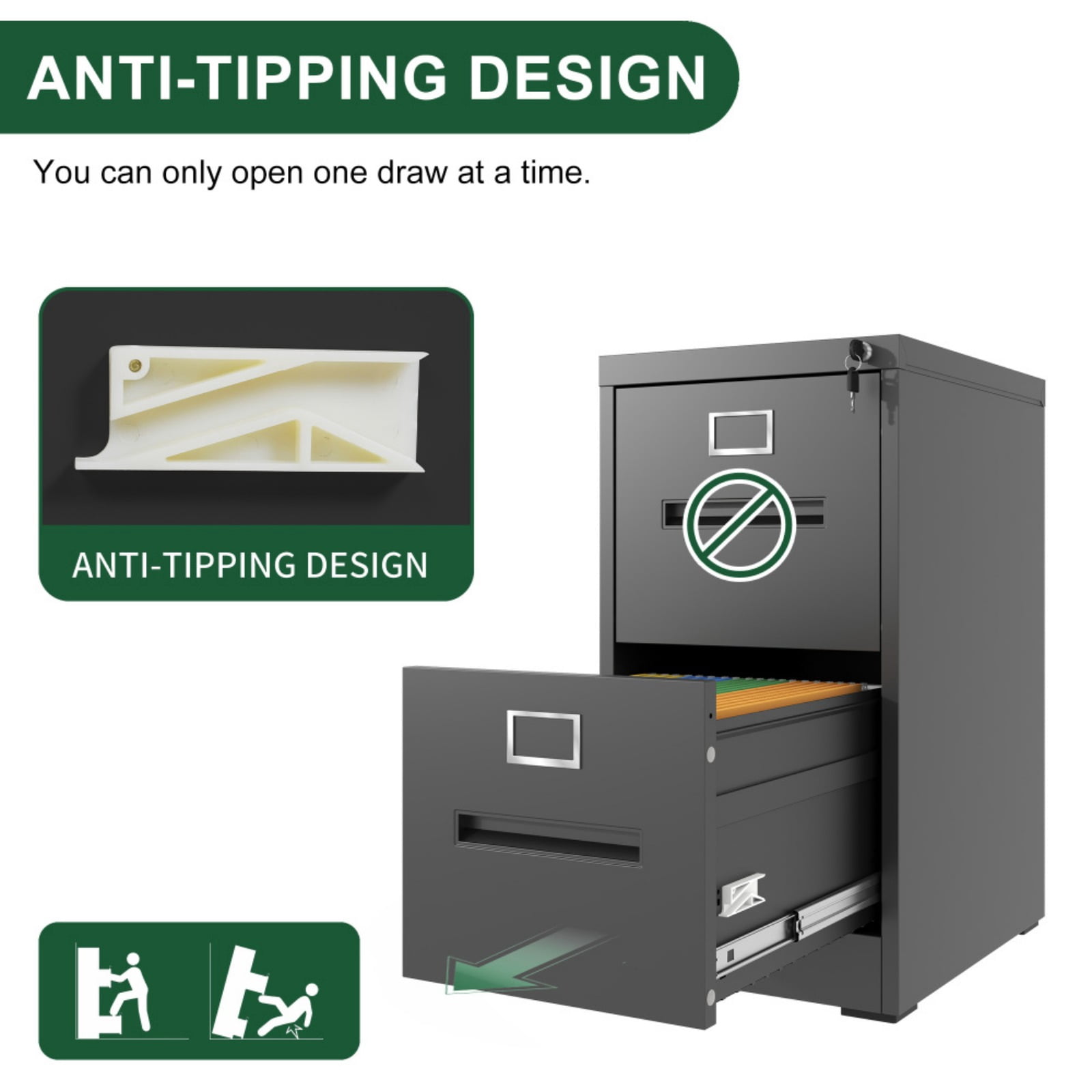 2 Drawer Lateral File Cabinet with Lock, Metal Lateral Filing Cabinet for Home Office, Steel Wide Horizontal Filing Cabinets for Letter/Legal/A4/F4 Hanging Files (Black)