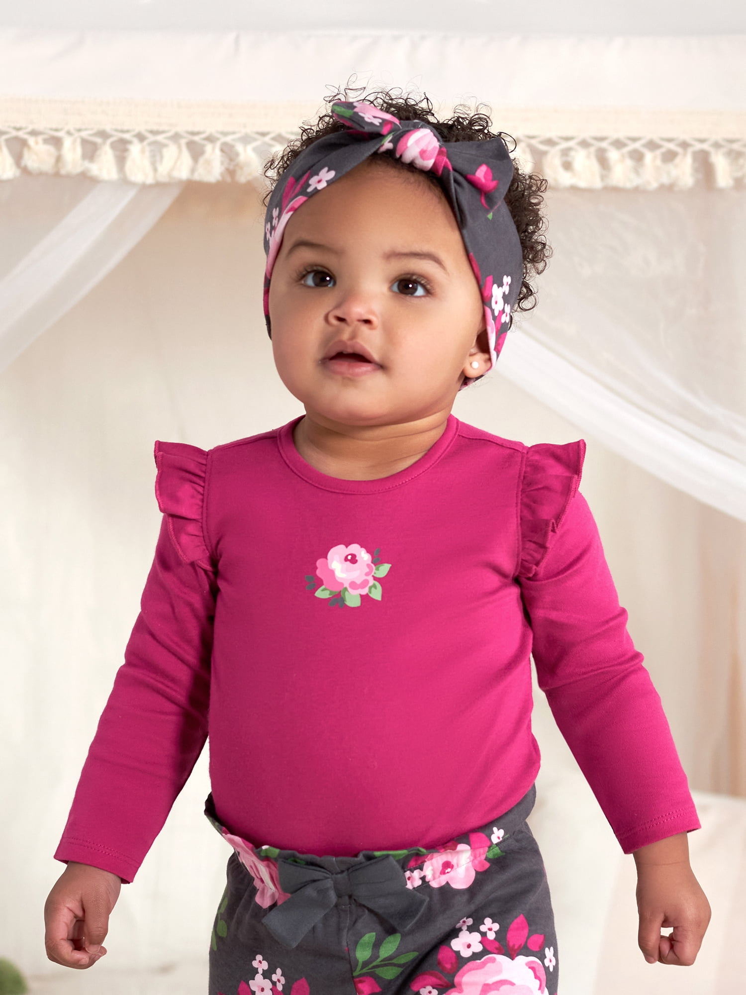 Gerber Baby Girl Long Sleeve Onesies Bodysuit, Pant & Headband Outfit Set, 3-Piece, (Newborn - 18 Months)