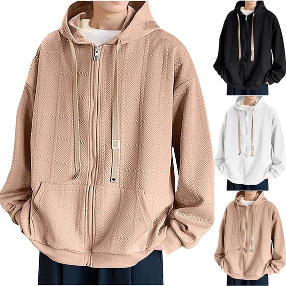 Men Jacket With Hoodie And Zipper Plus Size Mens Jackets Men's Vintage Solid Color Pocket Zipper Long Sleeved Hooded Casual Jacket, M-5XL