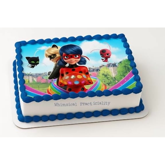 Miraculous Ladybug Cake Topper – Ladybug & Cat Noir with Tikki and Plagg Design fits 1/4 Sheet cake or larger