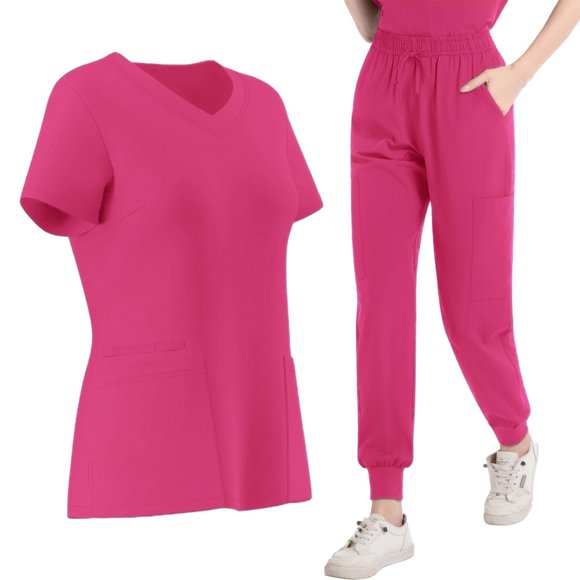 Bocqde 2 Piece Medical Scrubs Sets for Women Short Sleeve V-Neck Scrub Tops and Long Joggers Sets Lightweight Casual Nursing Uniform Sets with Multi-Pockets