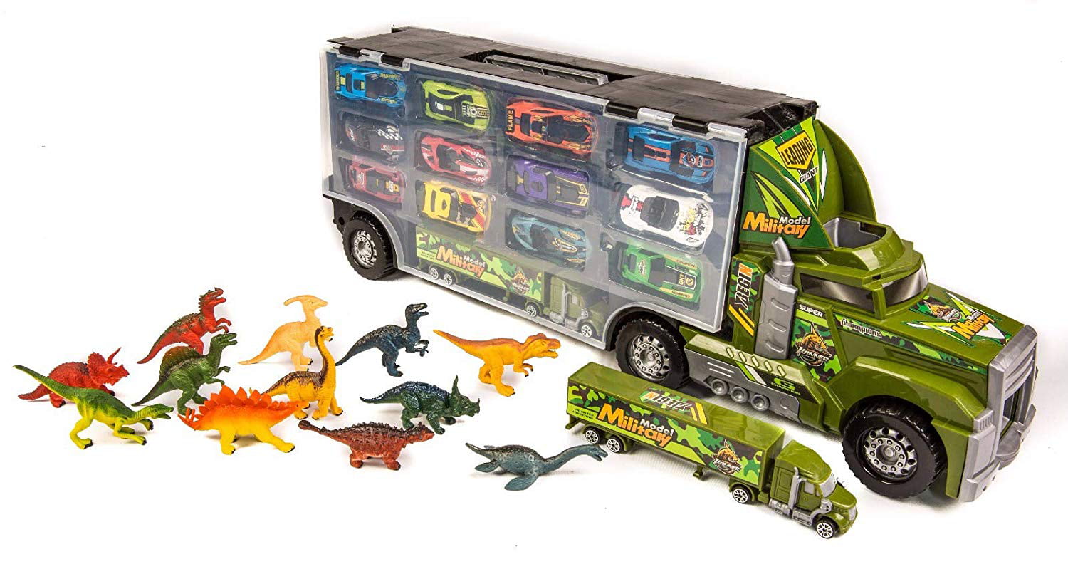 Includes 12pcs Dino Toys, 2 Eggs Dinosaur, 4 Trees, 2 Enclosure, 1 Carrier car Toy Tuko Dinosaur Car Toys Diecast Transport Carrier Truck Jurassic World Dino Toys Playset 