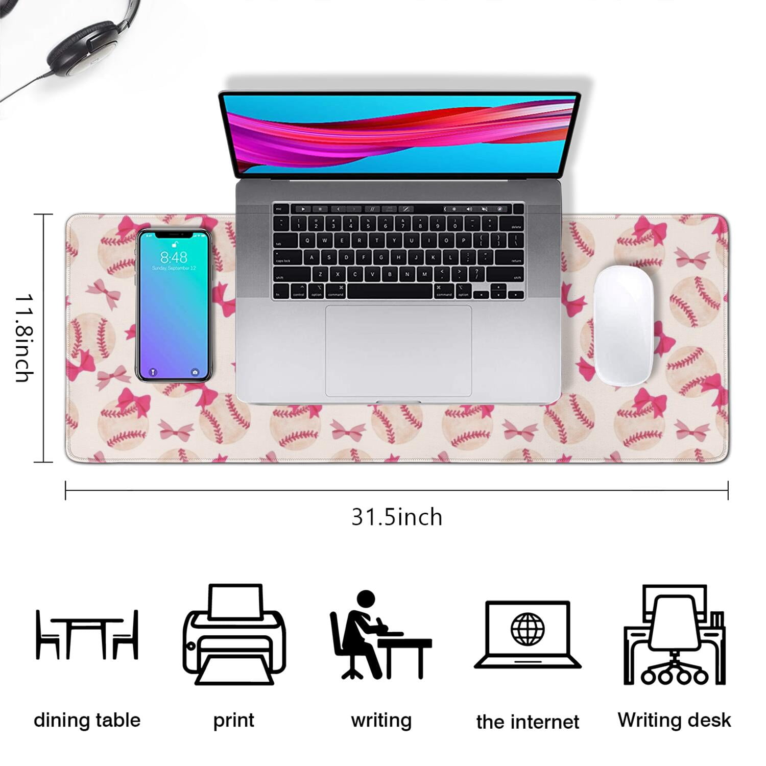 Long Mouse Pads for Desk,Pink Bows and Baseballs Pattern Desk Mats on Top Of Desks, Desk Mouse Pad Extra Large with 3mm Non-Slip Base and Stitched Edge for Gaming,Office,Work,Home 31.5"x11.8"