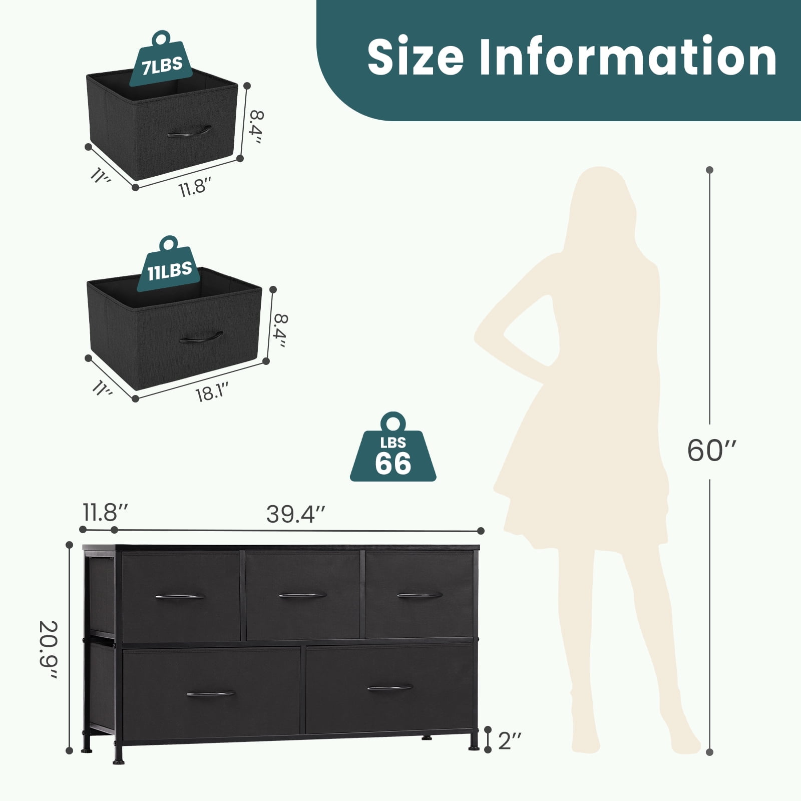 JIOABL 5 Drawer Chest Organizer with Fabric Bins, Dresser for Bedroom, Tall Steel Frame, Black
