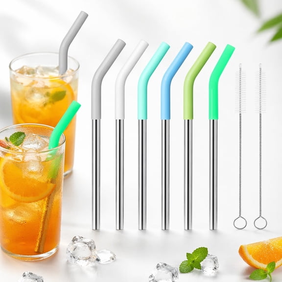 Tutuviw 6 Pack Reusable Stainless Steel Metal Straws with Silicone Tips, Metal Straw Long 6.3in Straight Drinking Straws with Cleaning Brush, Soft Silicone Covered Metal Straws, Random Color