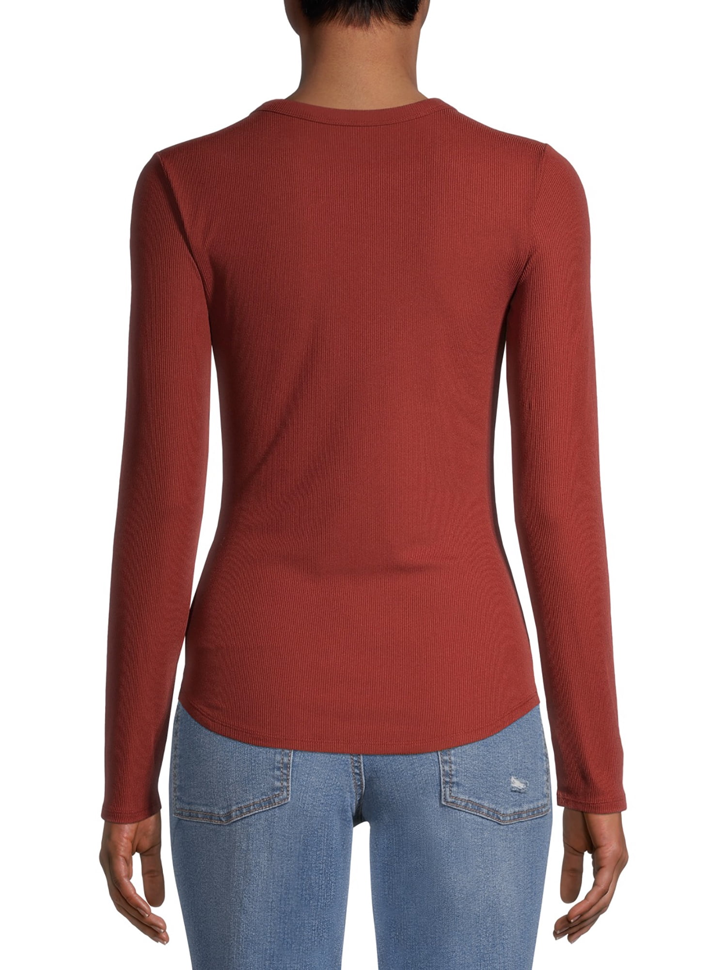 No Boundaries Ribbed Crewneck Tee with Long Sleeves, Women's