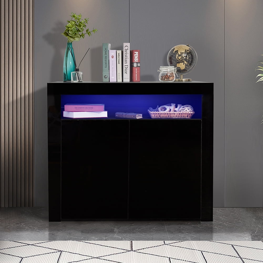 Kadyn Floor Storage Cabinet for Hallway, High Gloss Buffet Storage Cabinet with LED Light, Storage Sideboard Buffet Cabinet with 2 Doors, Black Kadyn Floor Storage Cabinet for Hallway, High Gloss Buffet Storage Cabinet with LED Light, Storage Sideboard Buffet Cabinet with 2 Doors, Black