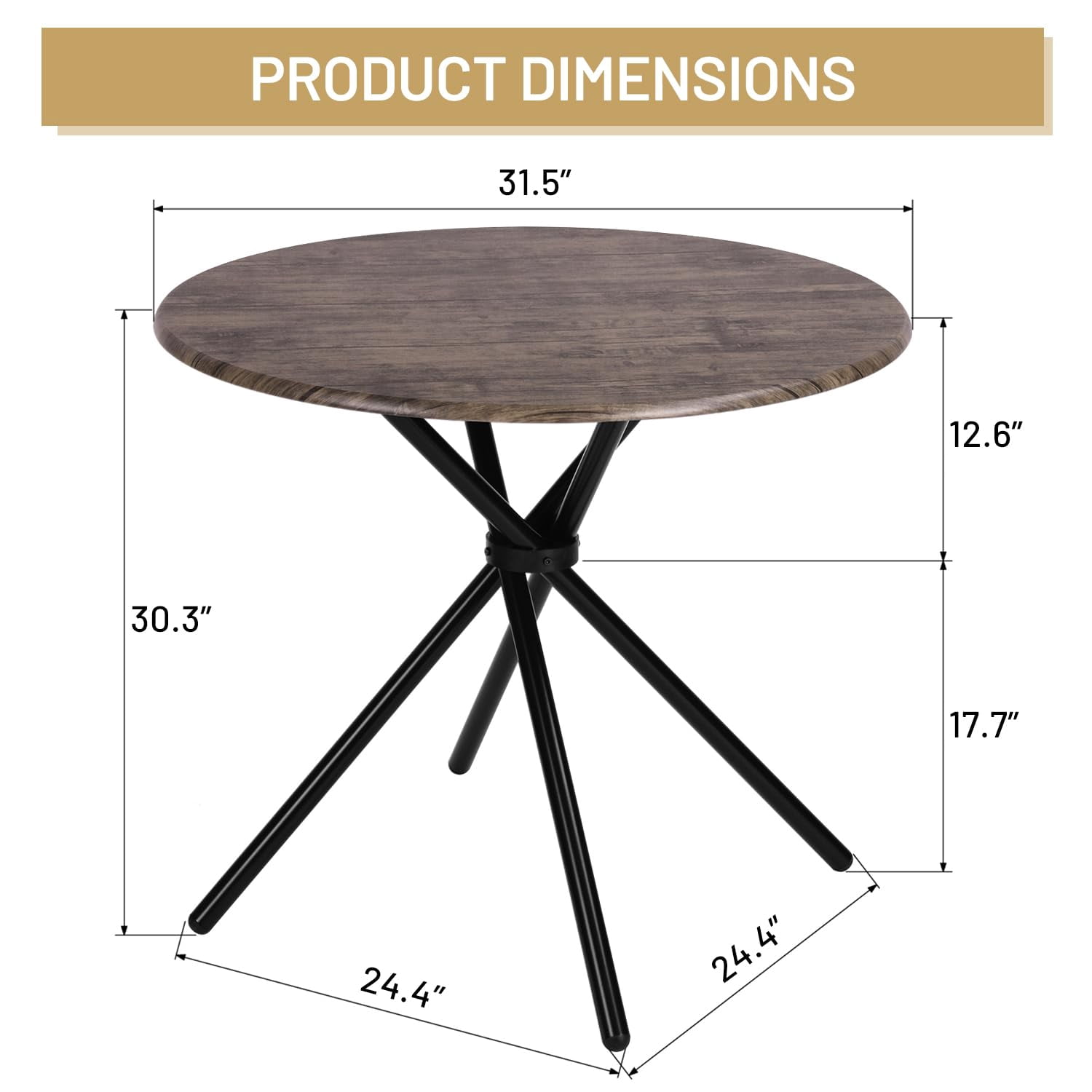 Round Dining Table for 2-4 People, Wood Top Dining Table with Intersecting Pedestal Base & Metal Legs, Multifunctional Table for Kitchen Living Room Home Office
