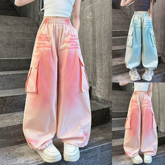 WRKEKC Girls Cargo Pants Tie-Dye Print Multiple Pockets Wide Leg Trendy Fashion Soft Long-Lasting Comfy Casual Trousers for Girls 8-16 Years