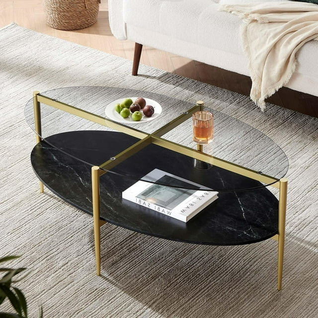 Rectangle Coffee Table Mid-Century Modern Design L W x H for Living Room - Structure Amber Glass Top and Walnut MDF Shelf Sleek Conical Metal Legs with Gold Finish