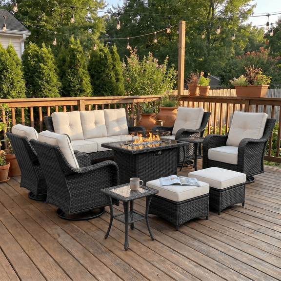 LayinSun 10 Pieces Patio Furniture Sets with Fire Pit Table, Outdoor Wicker Conversation Set with Swivel Chairs and 6" Thick Cushion for Deck Garden Backyard