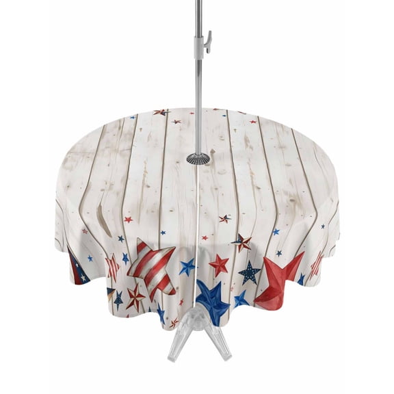 Outdoor Tablecloth with Umbrella Hole for Patio/Picnic/Party/Camping, 4th of July Waterproof Table Cloth Round Cover Washable, Independence Day Star Vintage American (Dia 60")